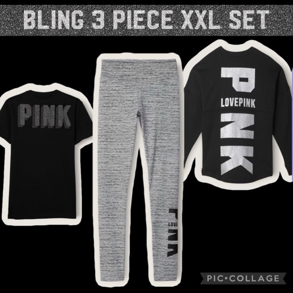 Vs pink high waist full length leggings bling pullover short sleeve tee set